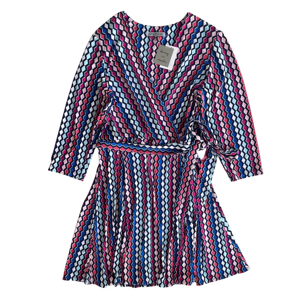 Danny & Nicole Women 16 Navy Raspberry Geometric Print 3/4 Sleeve Wrap Dress NEW